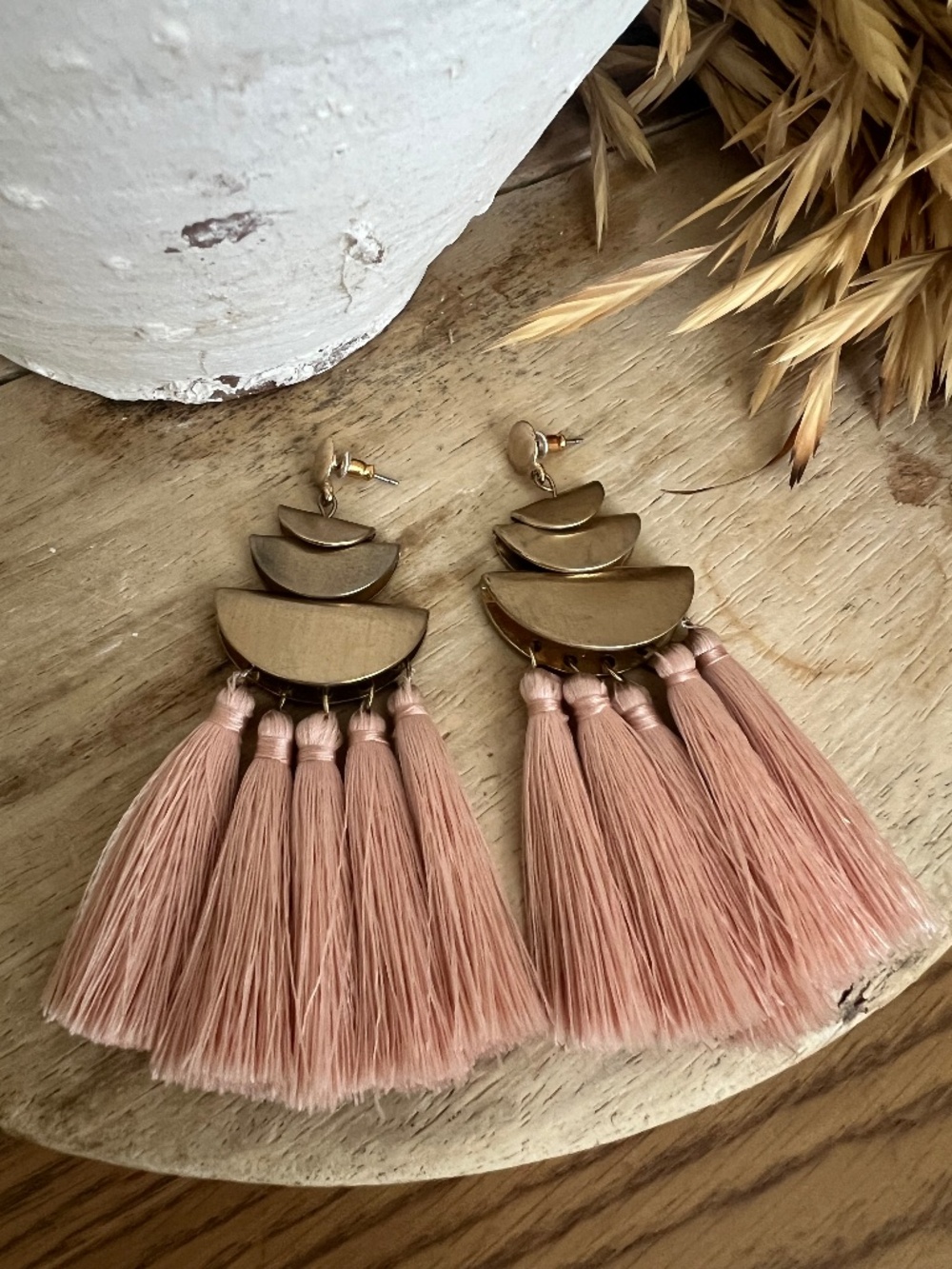 Pink Tasseled Matte Gold Earrings